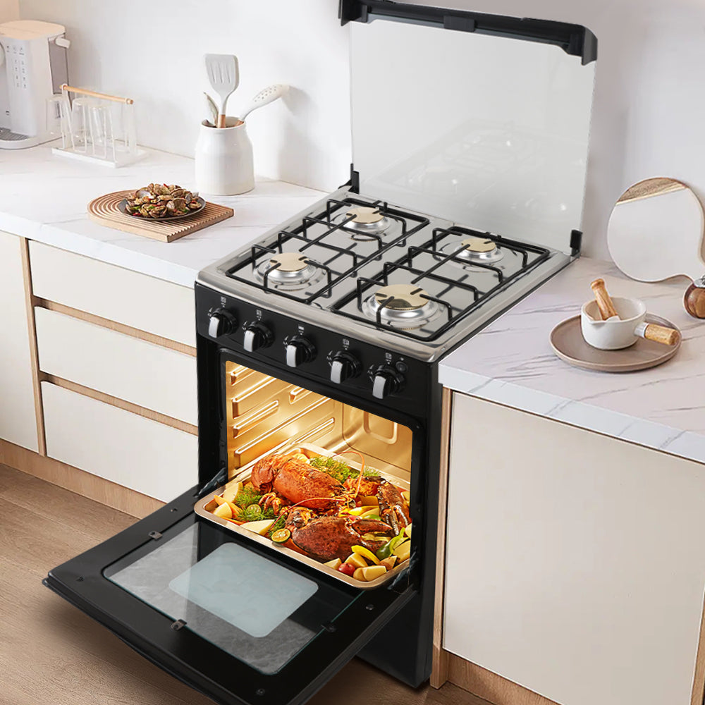 Cuisinière à Gaz 4 Feux avec Four Intégré 52L — Inox & Noir Élégant