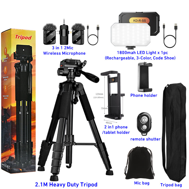 Kit Trépied 2.1M Heavy Duty — Micro Sans Fil + Lumière LED + Télécommande Bluetooth