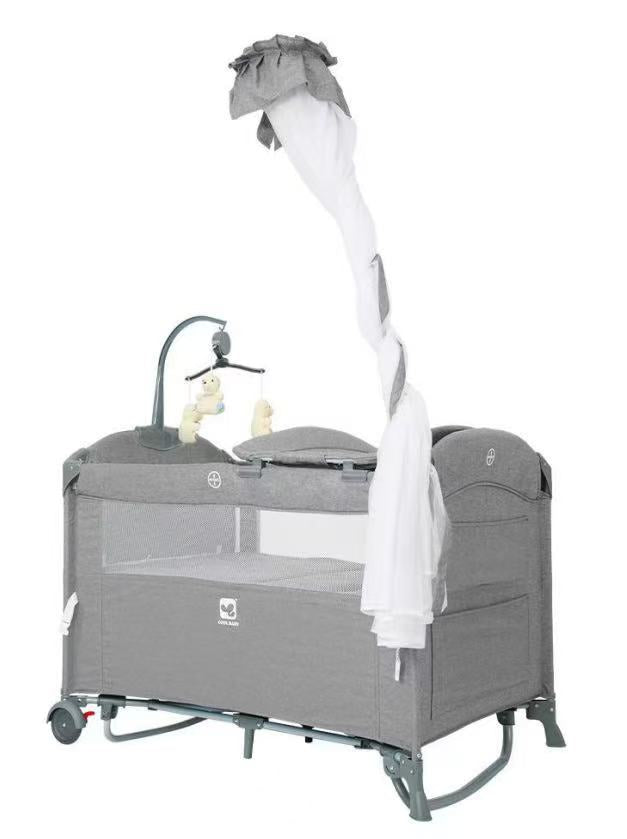 Lit Bébé Voyage Premium 5en1 – Baldaquin, Mobile & Bascule