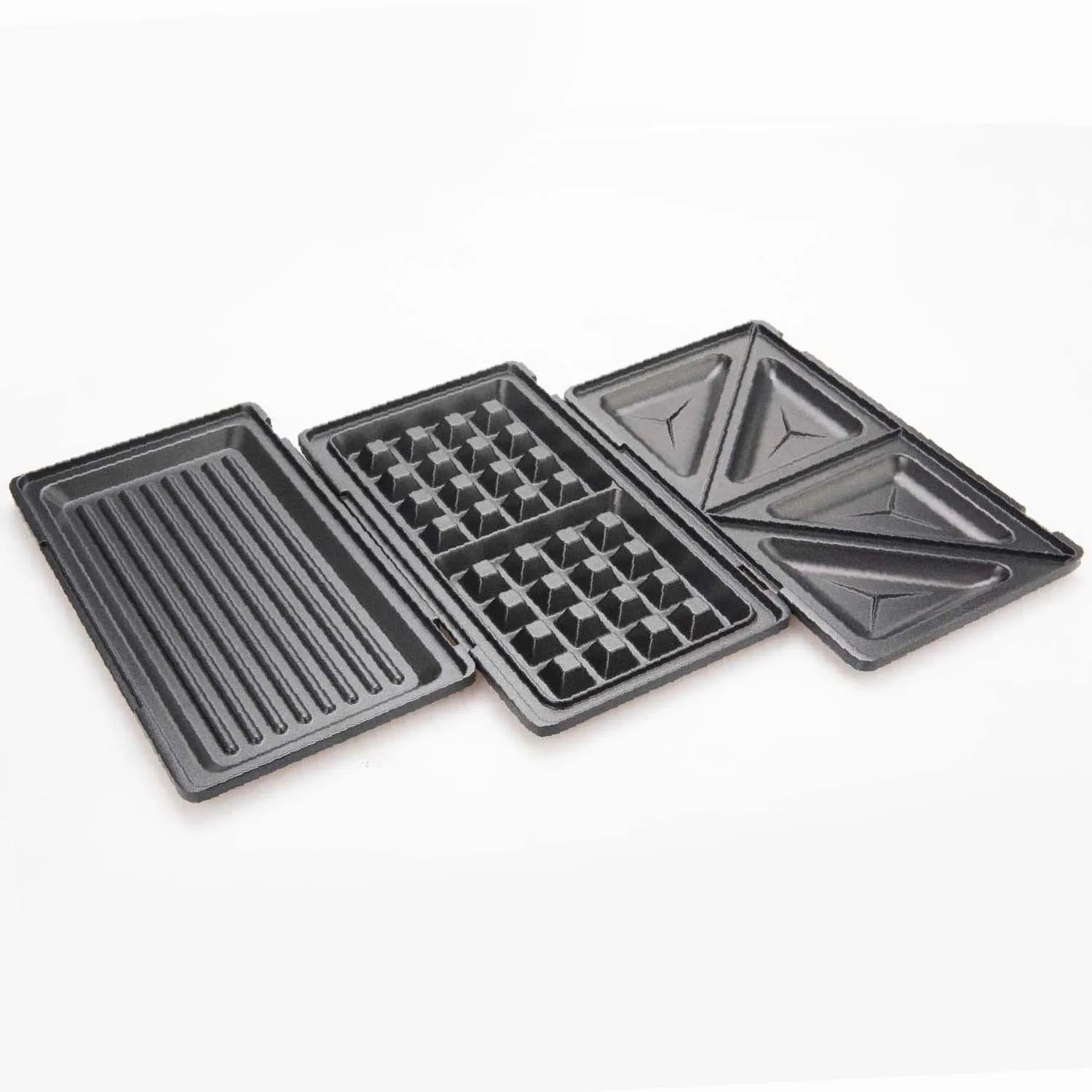 Les 3 paires de plaques côte à côte : gril, gaufrier, sandwich
