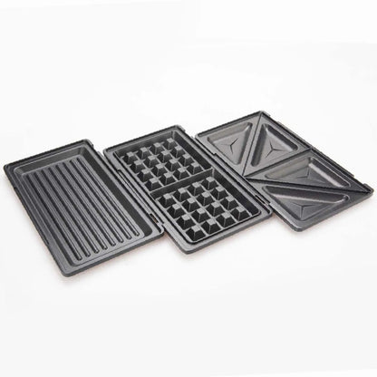 Les 3 paires de plaques côte à côte : gril, gaufrier, sandwich