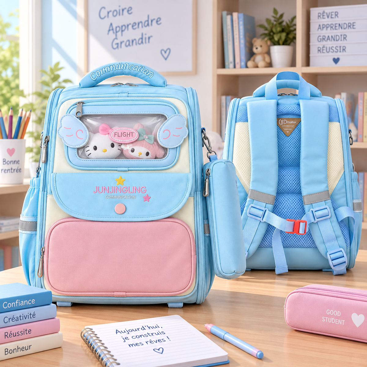 Cartable Junjingling Bleu ciel / Rose — face et dos