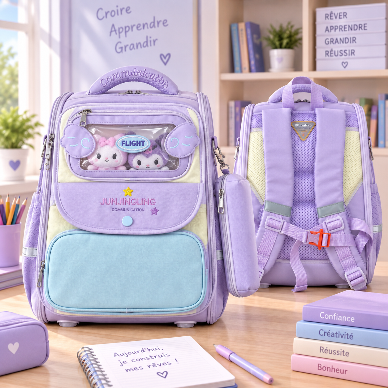 Cartable Junjingling Lavande / Bleu ciel — face et dos
