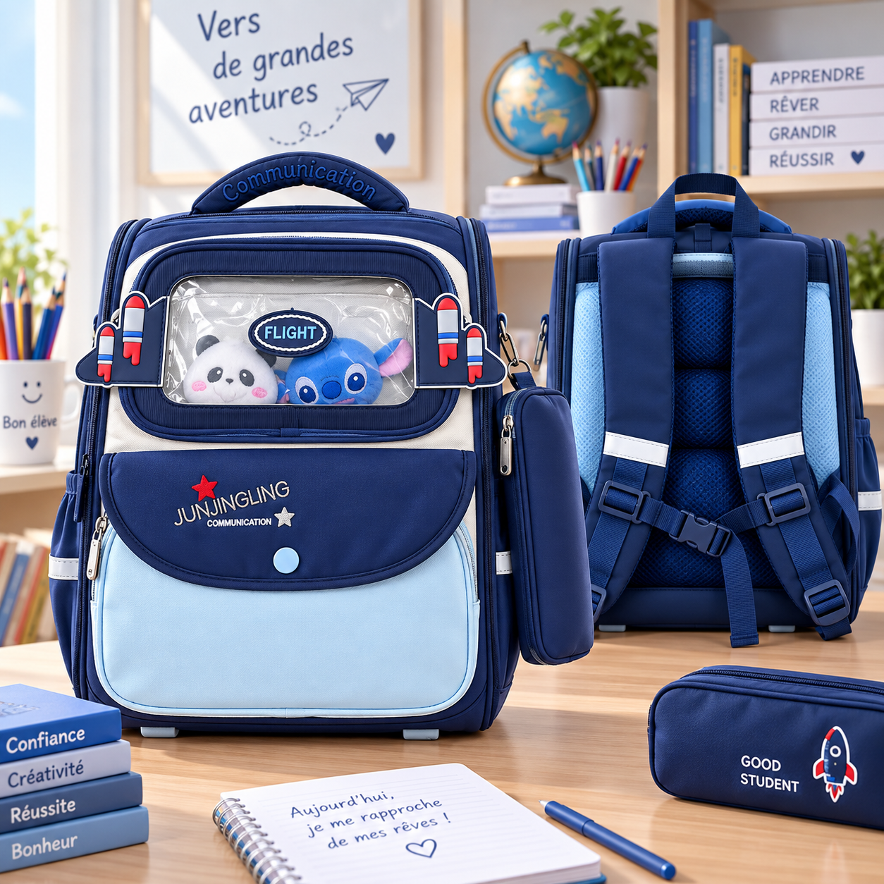 Cartable Junjingling Bleu Marine / Bleu ciel — face et dos