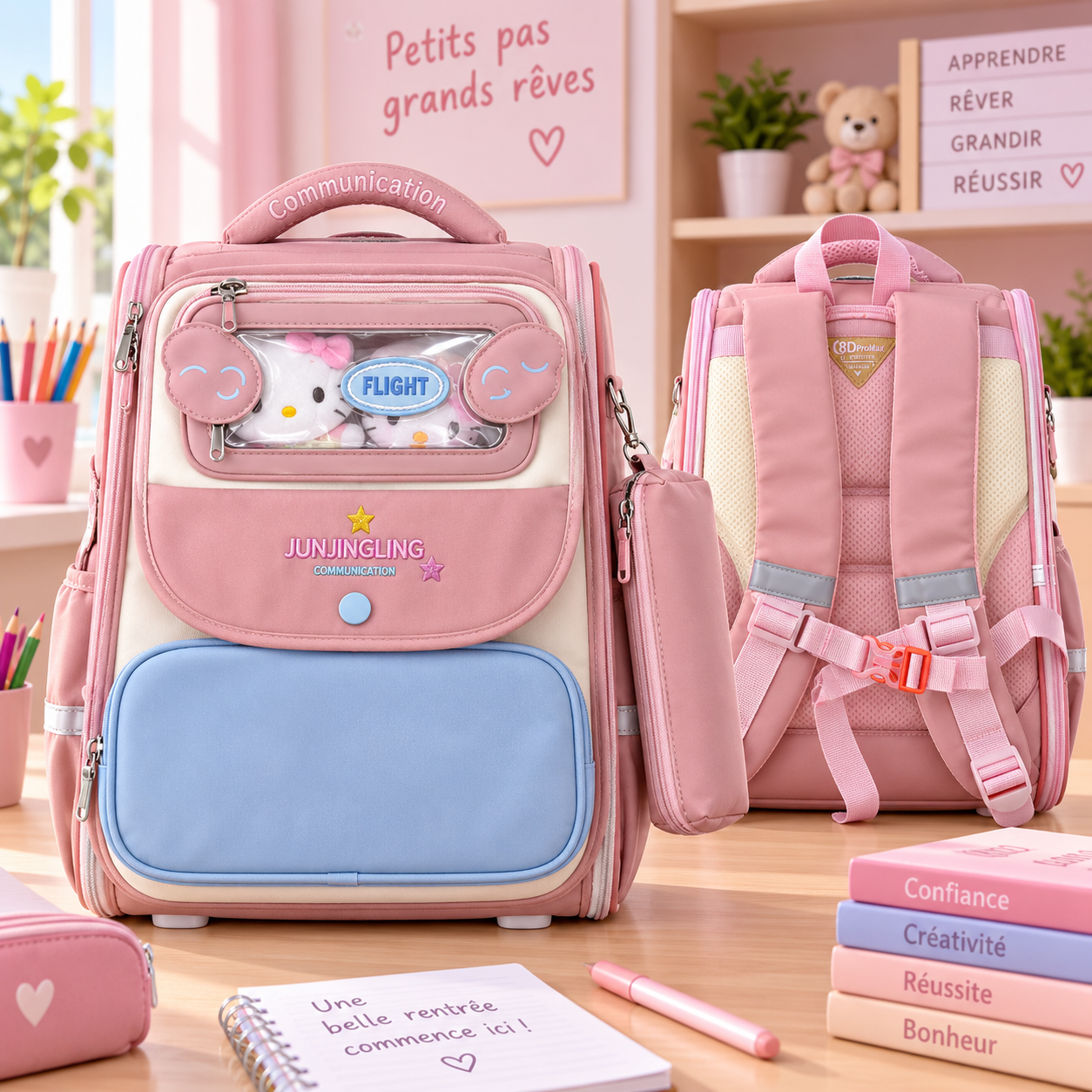 Cartable rigide Junjingling Rose Bleu — face, dos et trousse assortie