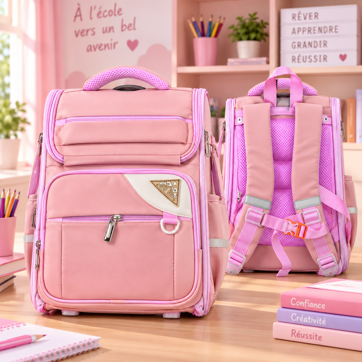 Sac à dos scolaire Trend Rose — face et dos, coloris fille