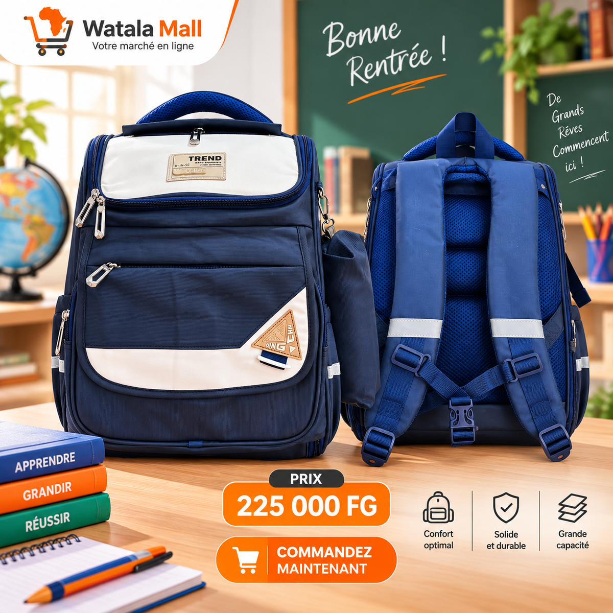 Sac à dos scolaire Trend Bleu Marine — 225 000 FG, confort, solide, grande capacité