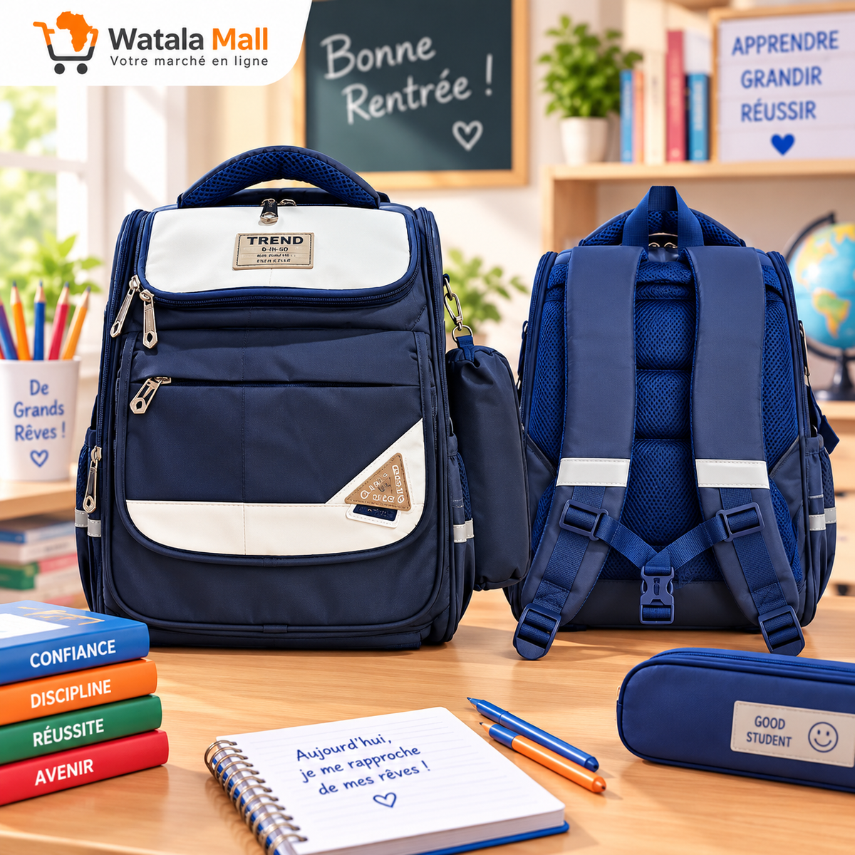 Sac à dos scolaire Trend Bleu Marine — face et dos avec trousse assortie Watalamall