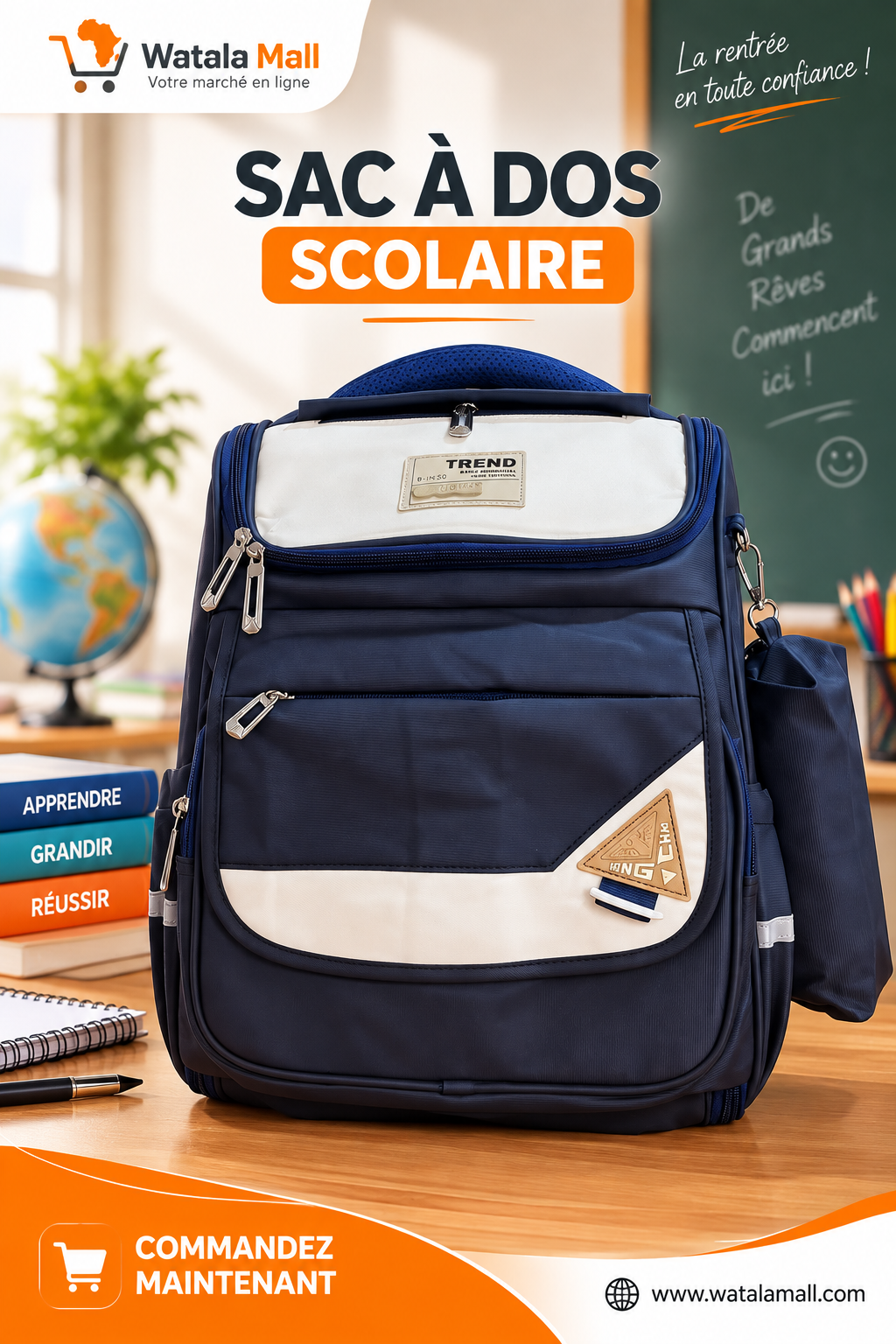 Sac à dos scolaire Trend Bleu Marine — vue face sur bureau scolaire Watalamall