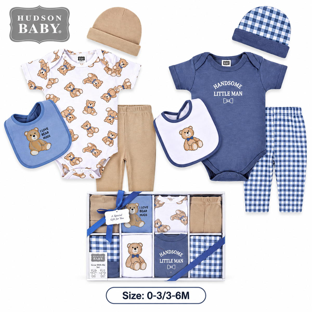 Coffret Hudson Baby — contenu détaillé 8 pièces : 2 body, 2 pantalons, 2 bavoirs, 2 bonnets/bandeaux