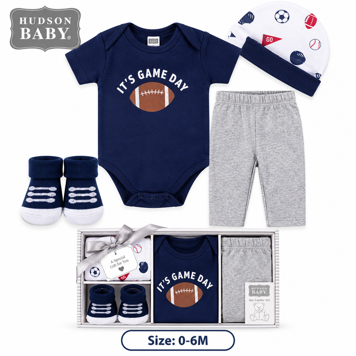 Coffret Hudson Baby Game Day — body bleu marine It's Game Day, pantalon gris, bonnet & chaussettes sport, garçon 0-6M