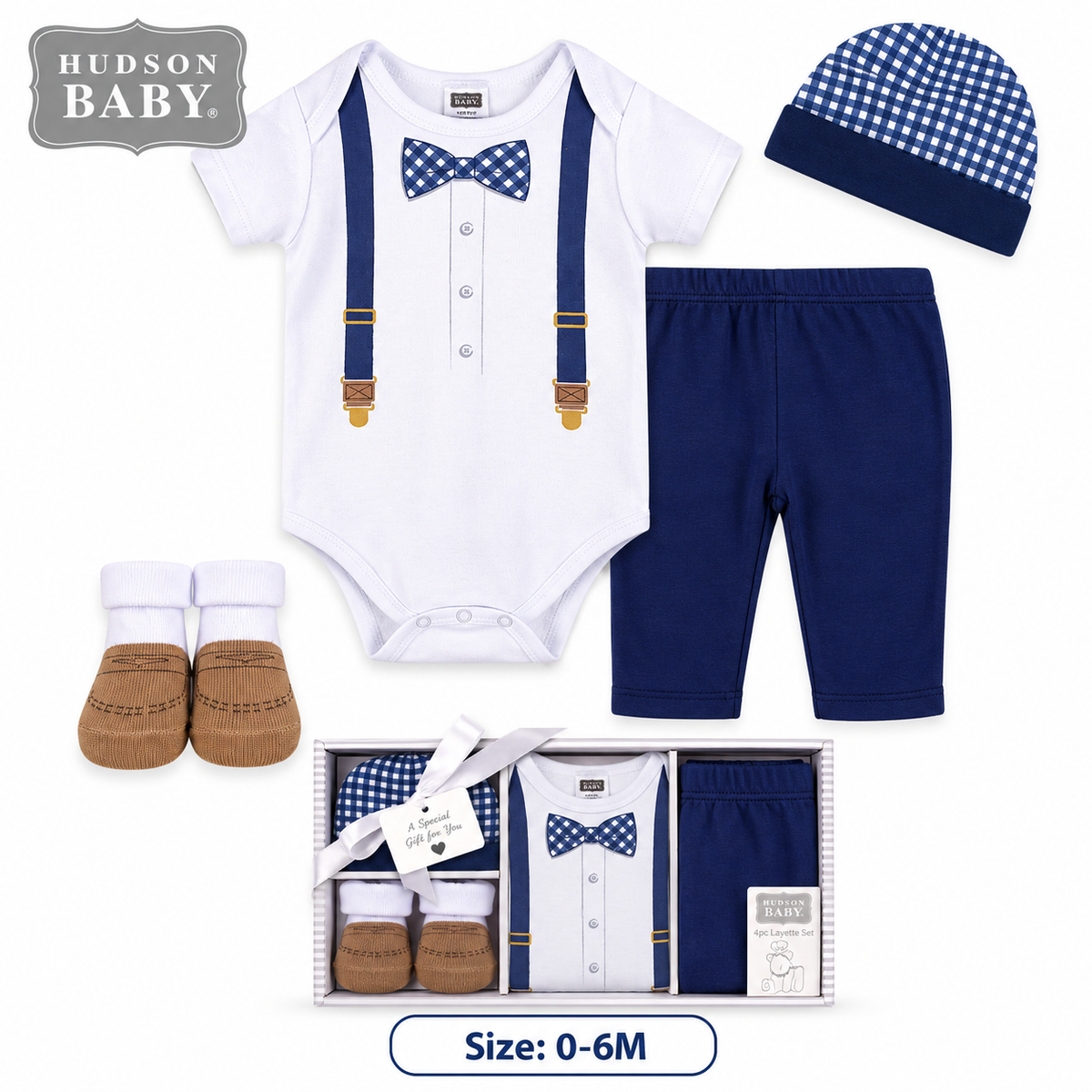 Coffret Hudson Baby Little Gentleman — body blanc bretelles & nœud papillon, pantalon bleu marine, bonnet & chaussettes, garçon 0-6M