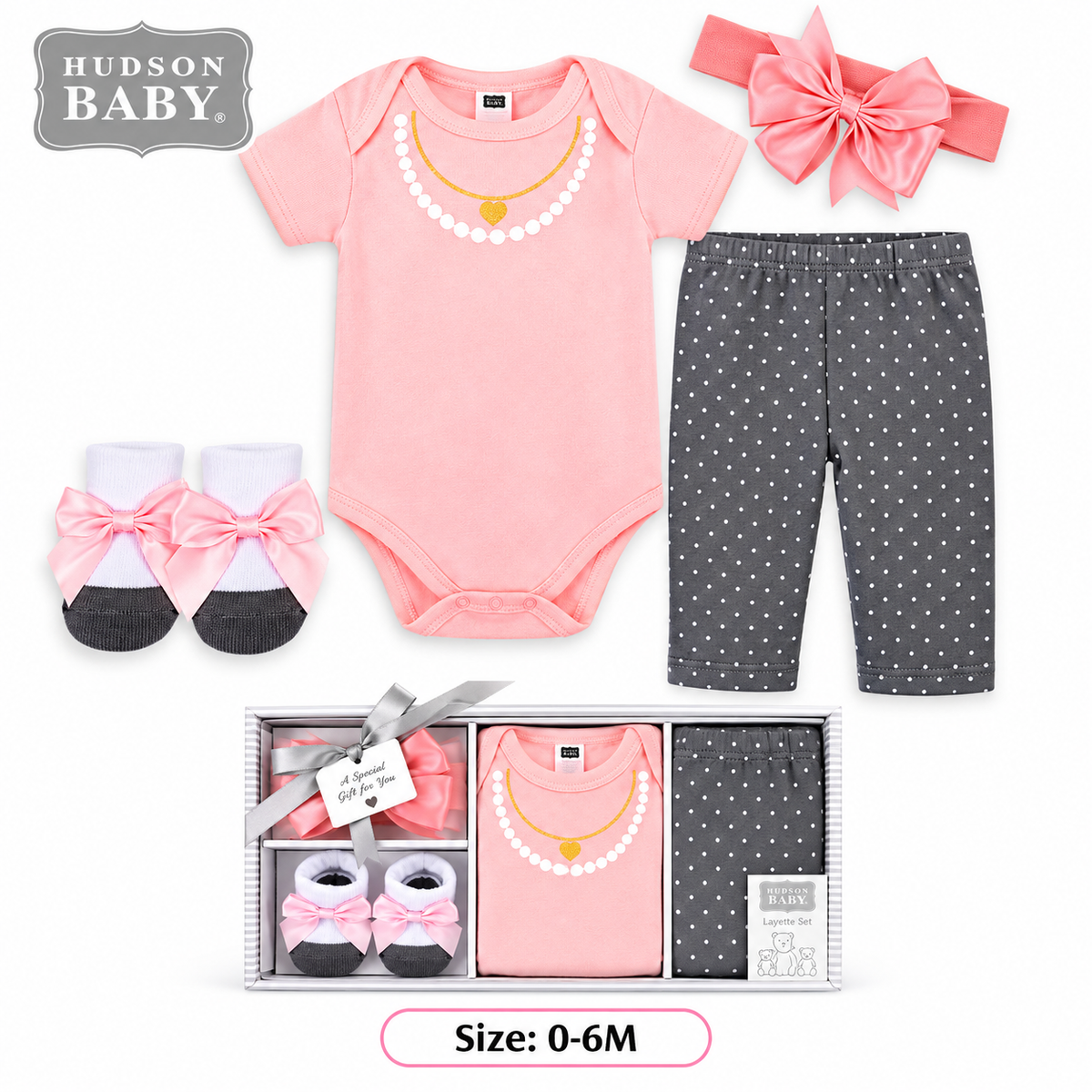 Coffret Hudson Baby Princess — body rose, pantalon gris pois, bandeau & chaussettes, fille 0-6M