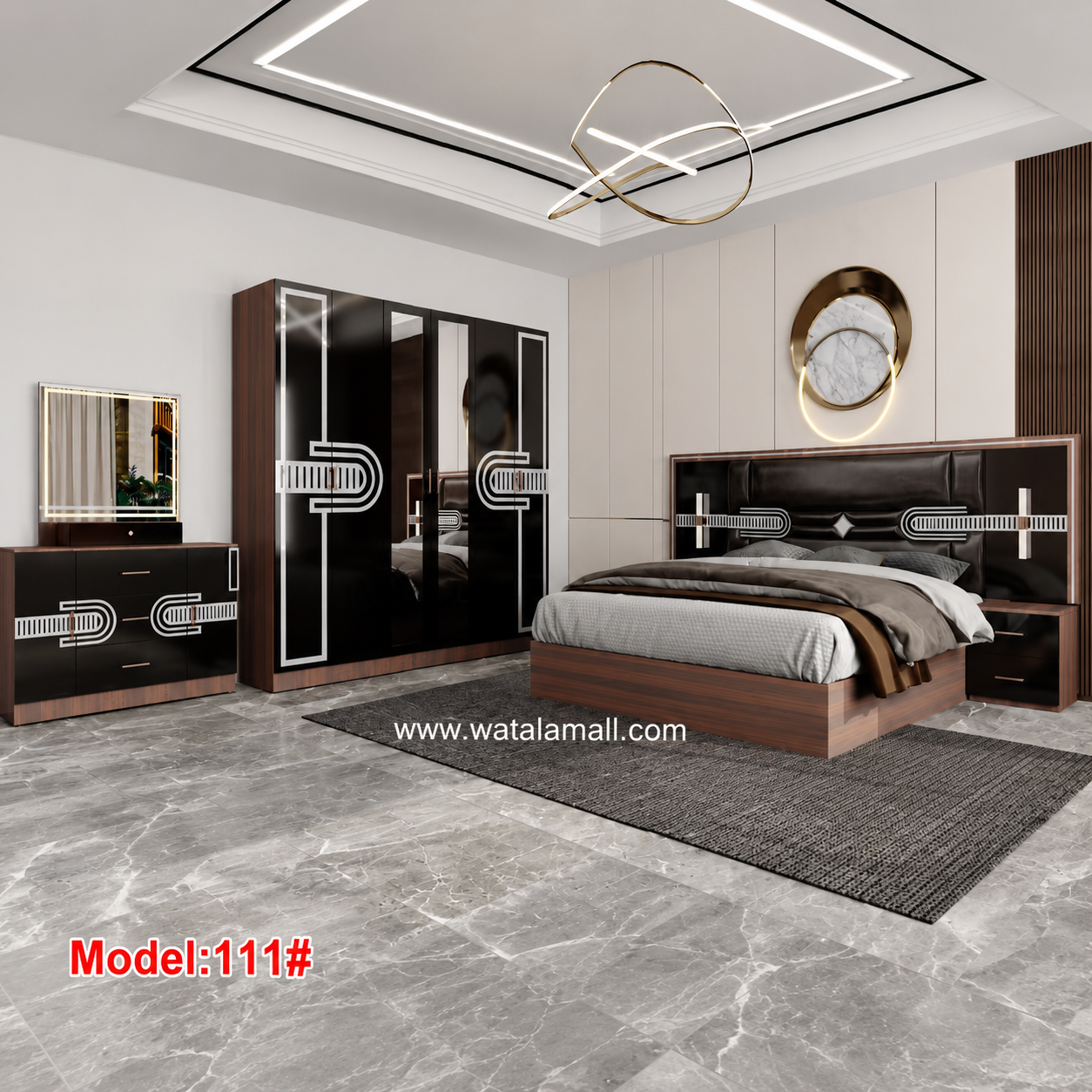 Chambre à coucher luxe Model 111 bois noir argent — vue principale