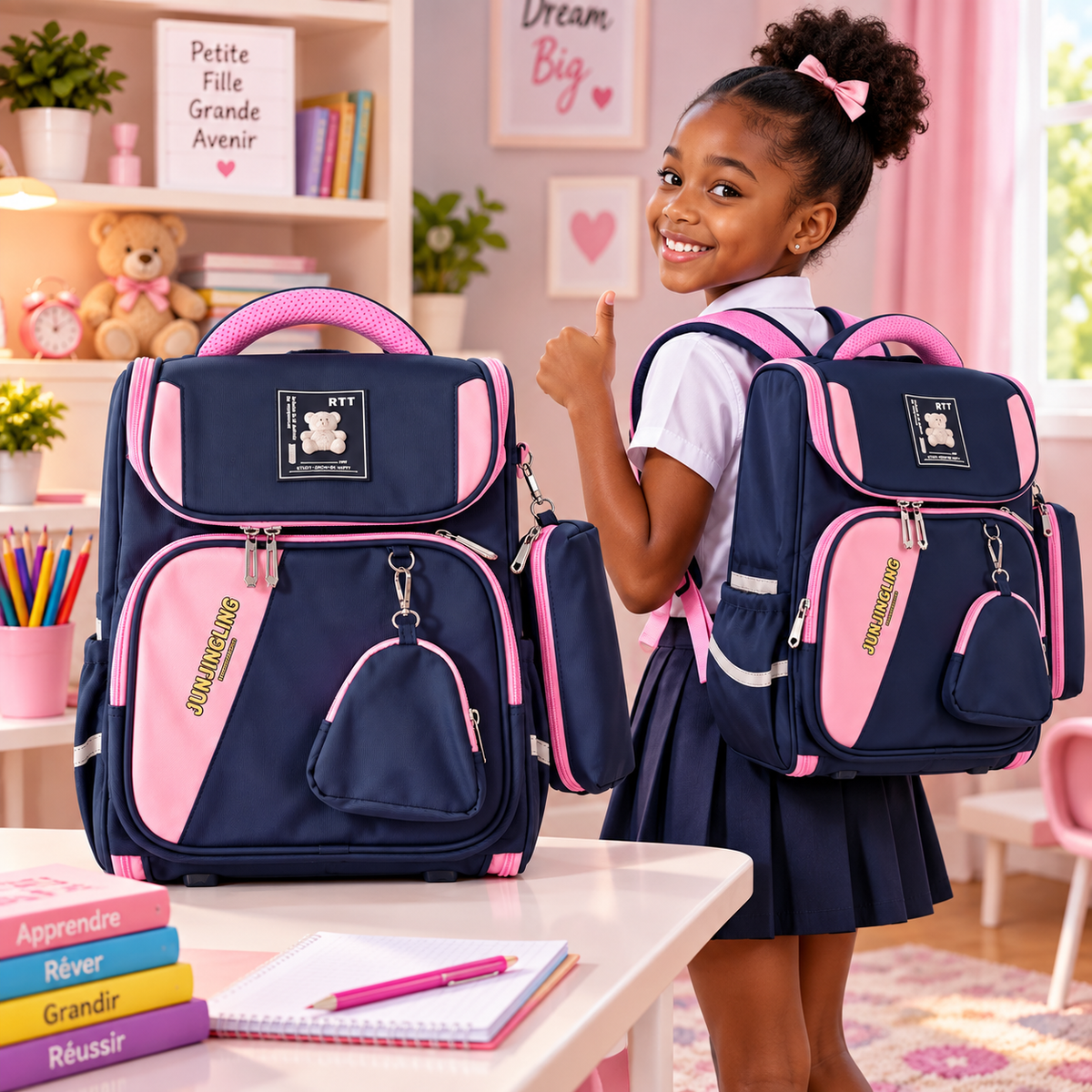 Cartable Junjingling Marine Rose — lifestyle fille souriante