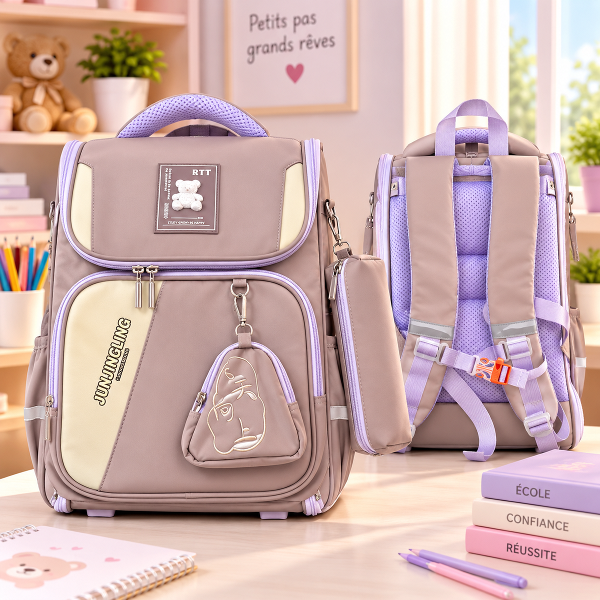 Cartable Junjingling Gris Lavande — face et dos avec trousse