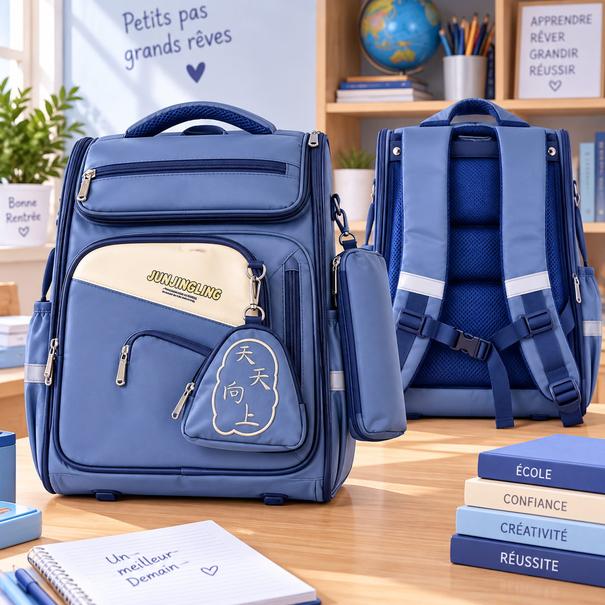 Cartable Junjingling Bleu Marine — face et dos avec trousse