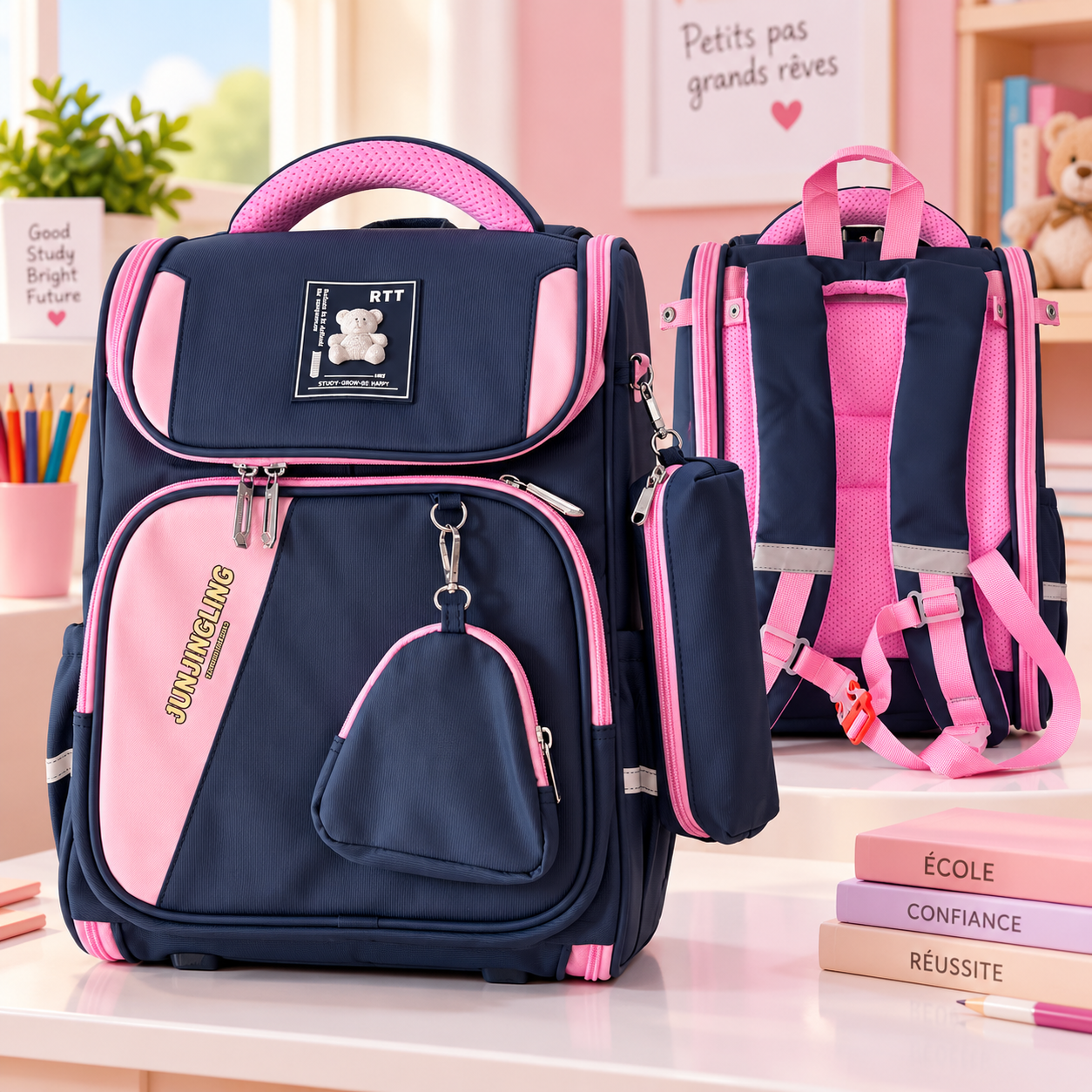 Cartable Junjingling Gris fonce Marine — face et dos avec trousse