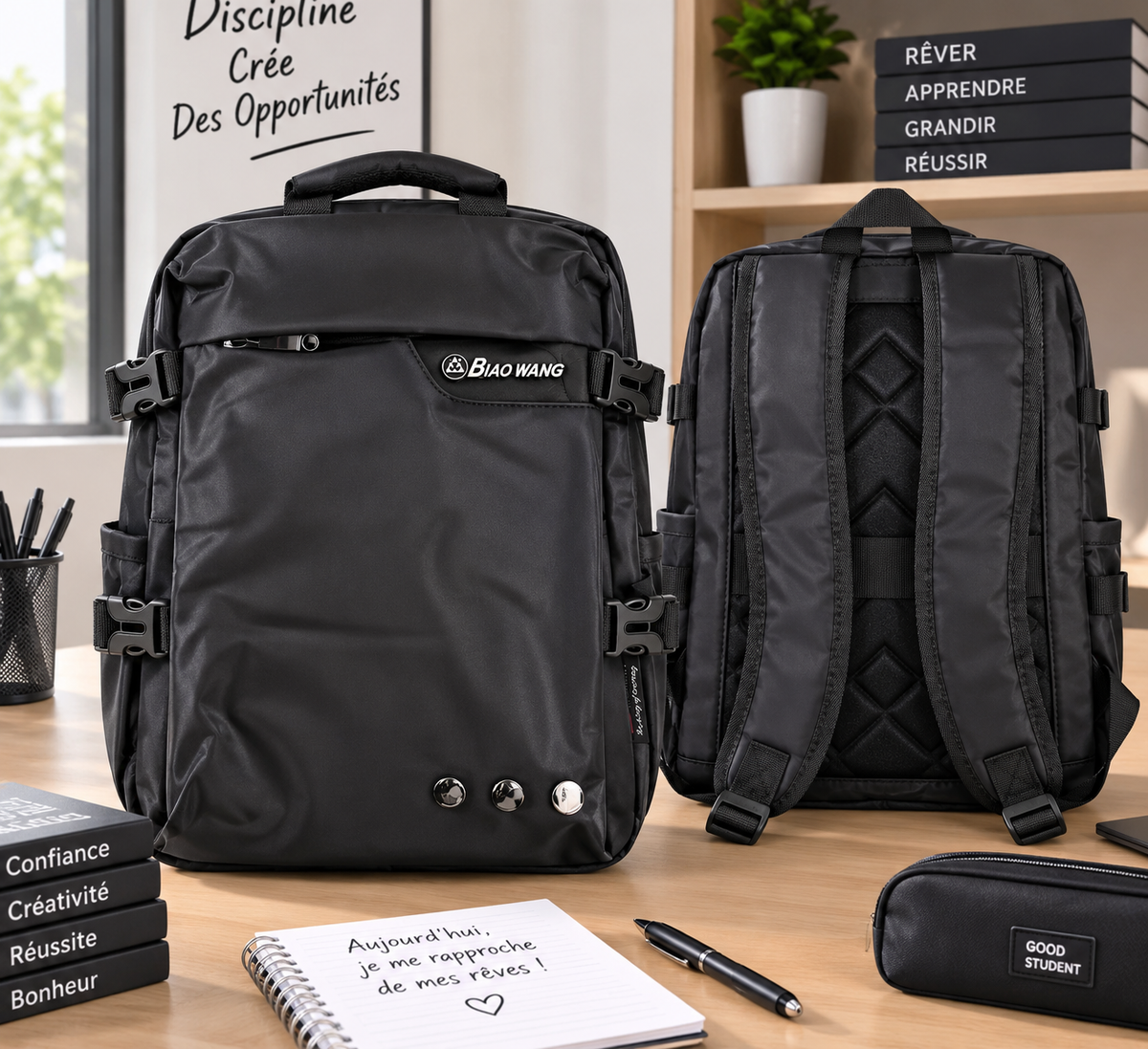 Sac à dos Biao Wang noir — vue face et dos avec trousse