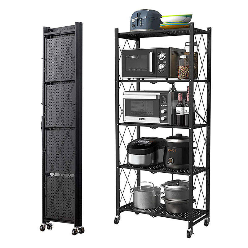 Étagère pliable à 5 niveaux en acier inoxydable sur quatres roues