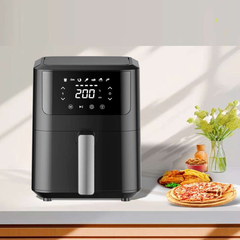 Friteuse à air chaud premium vue de face avec pizza et poulet frit