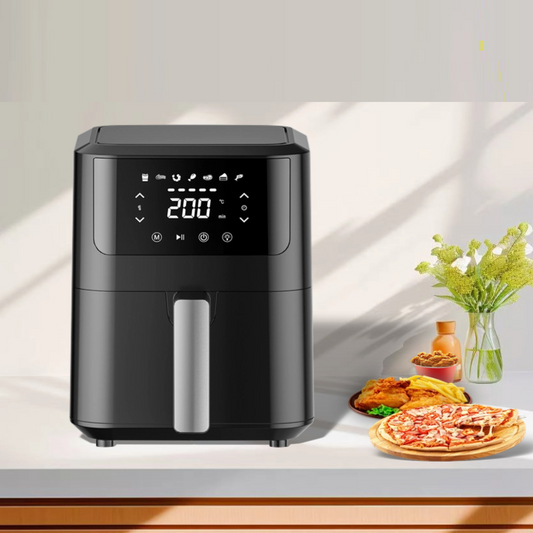 Friteuse à air chaud premium vue de face avec pizza et poulet frit