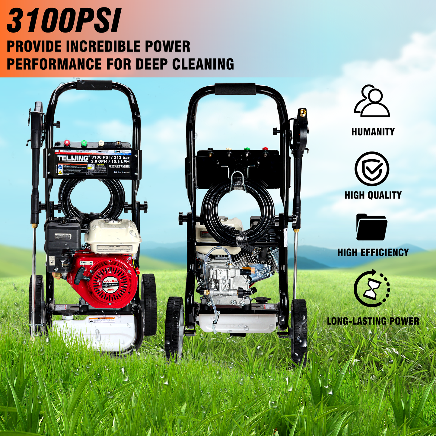 Nettoyeur Haute Pression à Essence 3100 PSI – 213 Bar 2.8 GPM avec Chariot