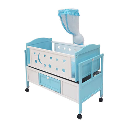 Lit Bébé en Bois avec Moustiquaire, Tiroirs & Roulettes – Bleu Étoiles