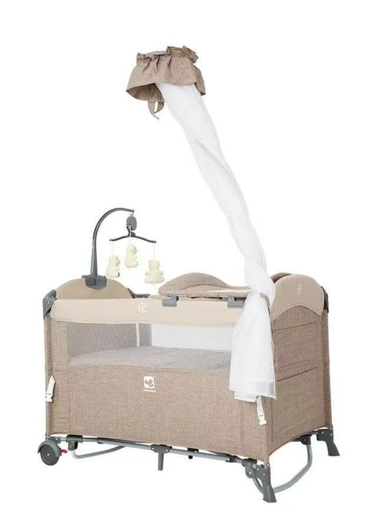 Lit Bébé Voyage Premium 5en1 – Baldaquin, Mobile & Bascule