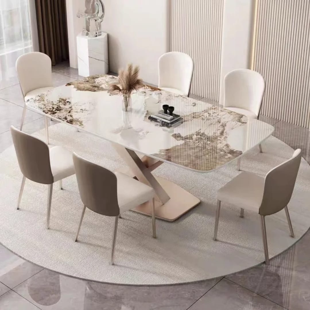 Table à manger en marbre blanc avec 6 chaises - vue de dessus