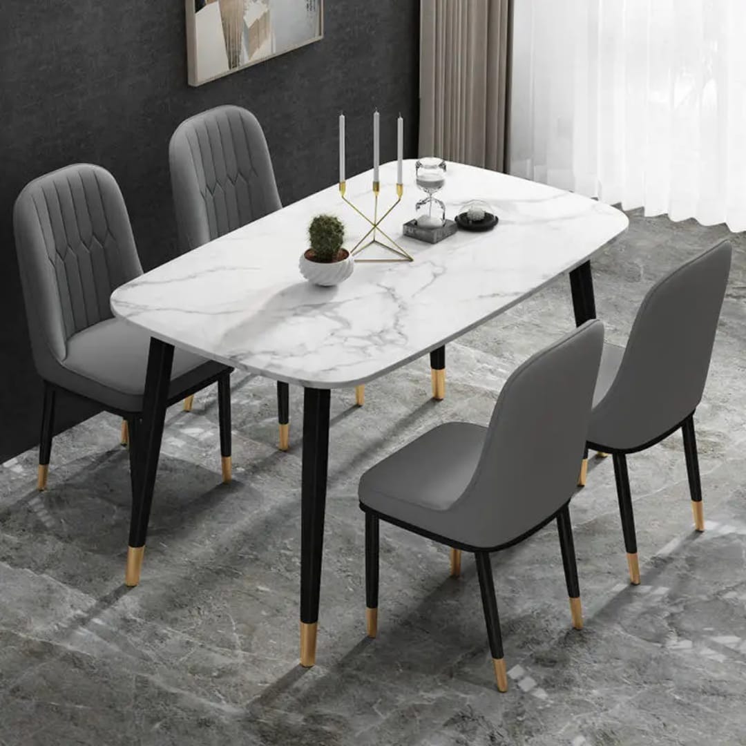 Table à manger marbre avec 4 chaises mixtes gris et beige