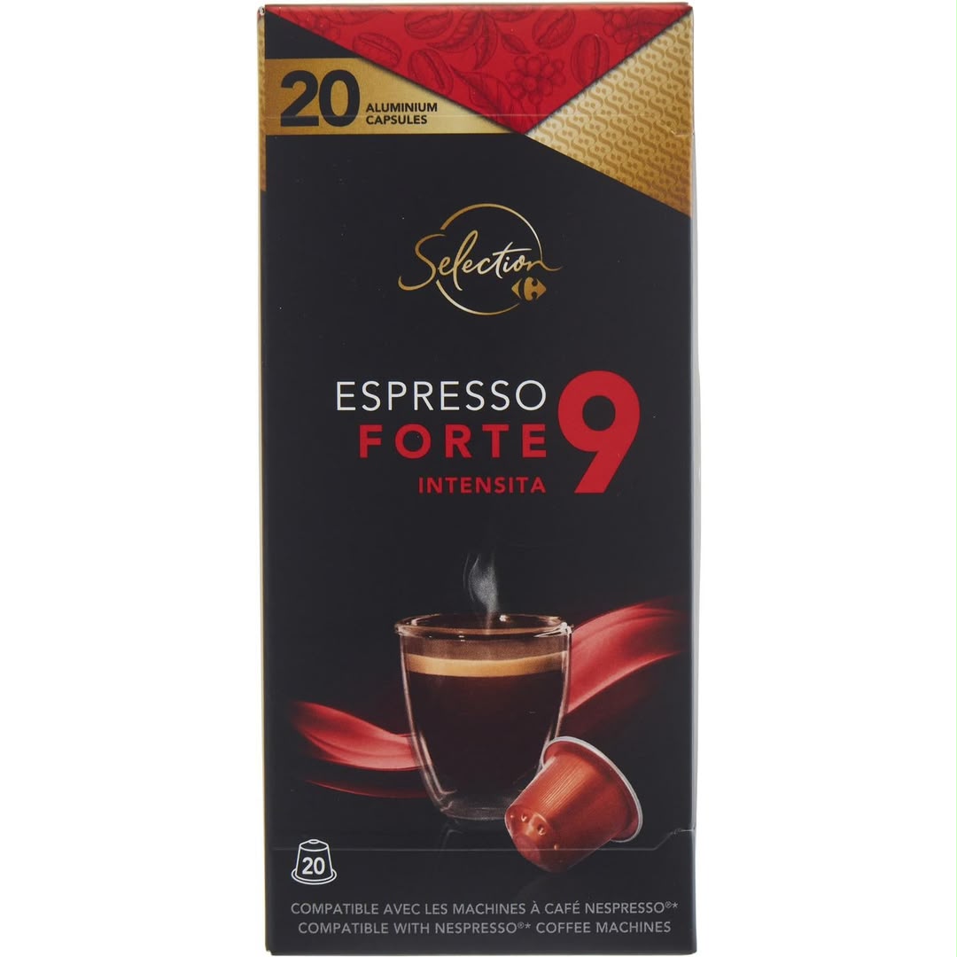 Capsules Espresso Forte 9 Carrefour Selection — boîte 20 capsules aluminium compatible Nespresso