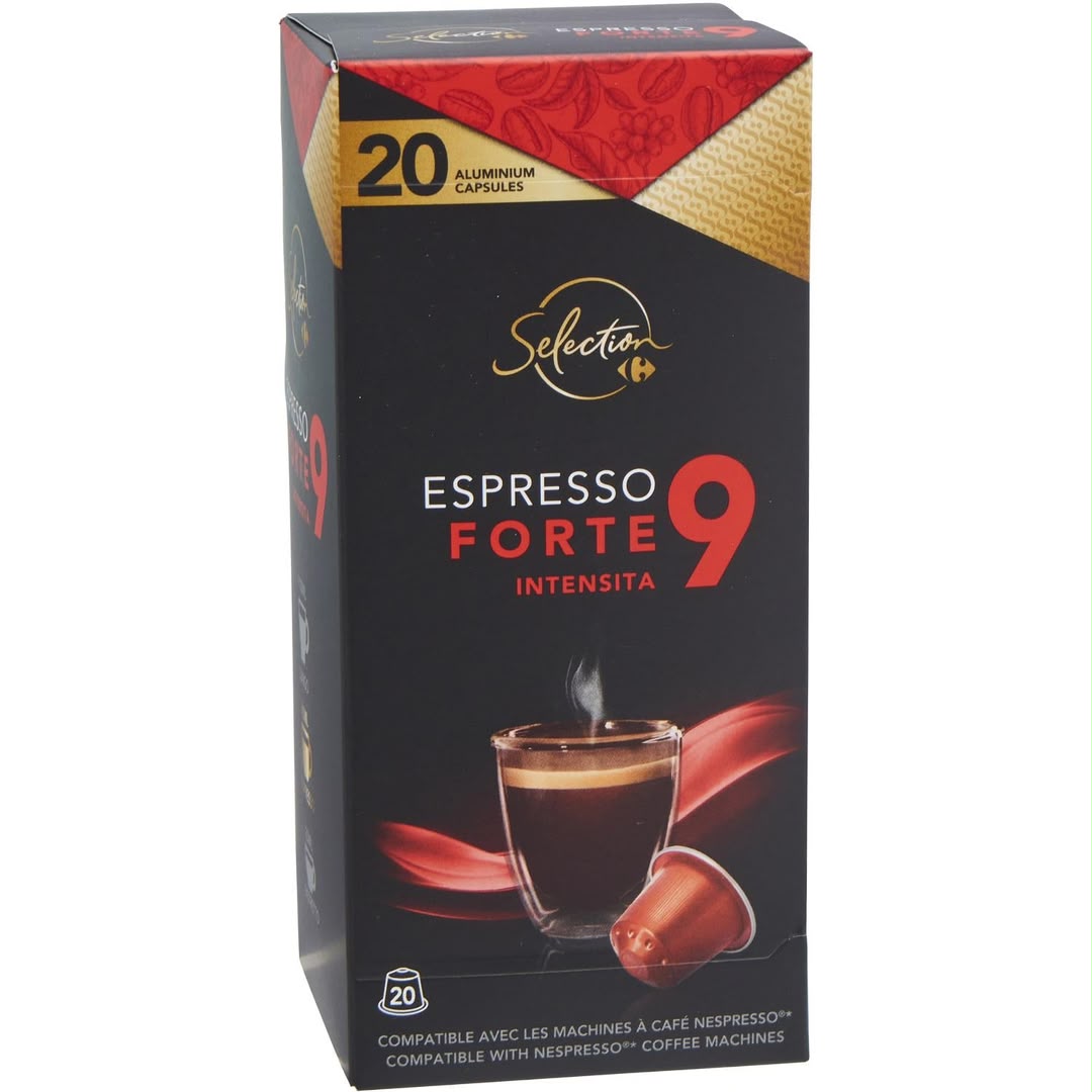 Capsules Espresso Forte 9 Carrefour Selection — vue de face, 20 capsules aluminium
