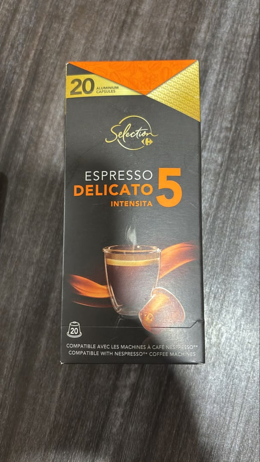 Capsules Espresso Delicato 5 Carrefour Selection — photo réelle boîte, intensité 5