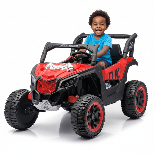 Enfant africain conduisant la voiture électrique rouge