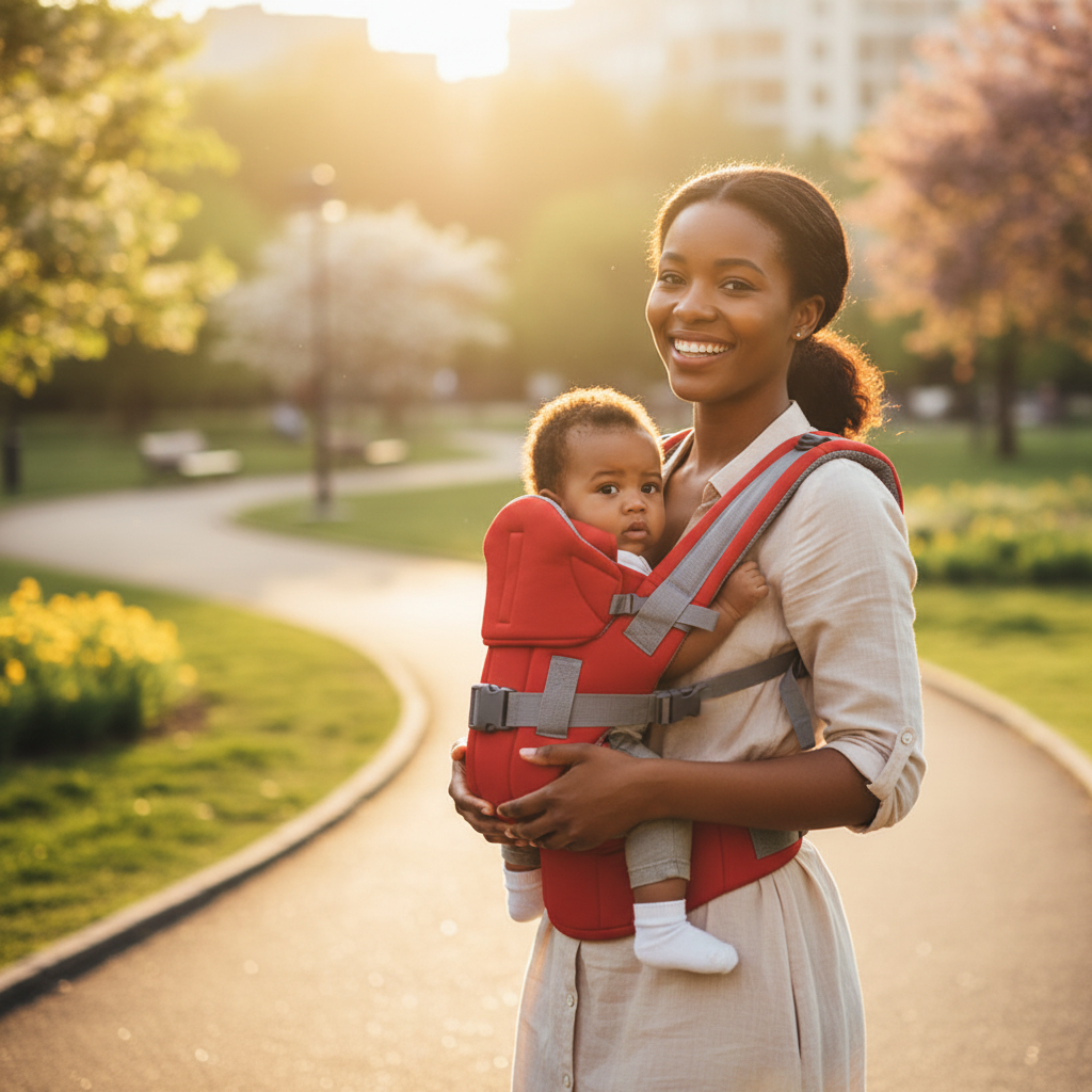 Lifestyle — maman africaine portant son bébé dans le porte-bébé ergonomique en plein air
