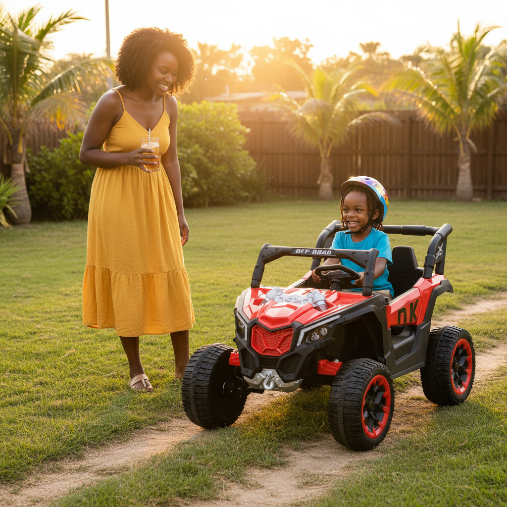 Mère africaine et enfant avec la voiture électrique rouge