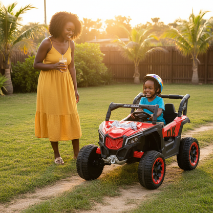 Mère africaine et enfant avec la voiture électrique rouge
