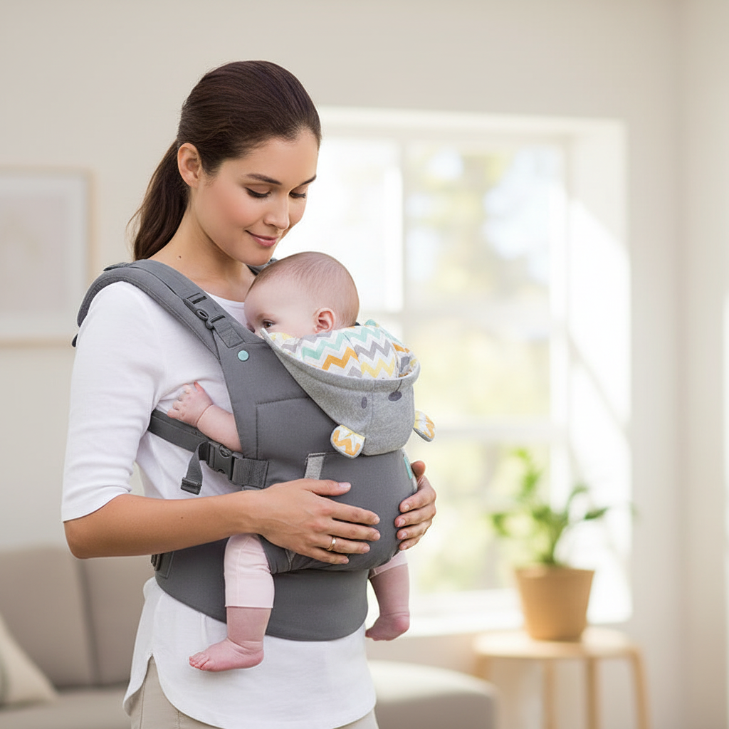 Lifestyle — maman et bébé à la maison avec porte-bébé