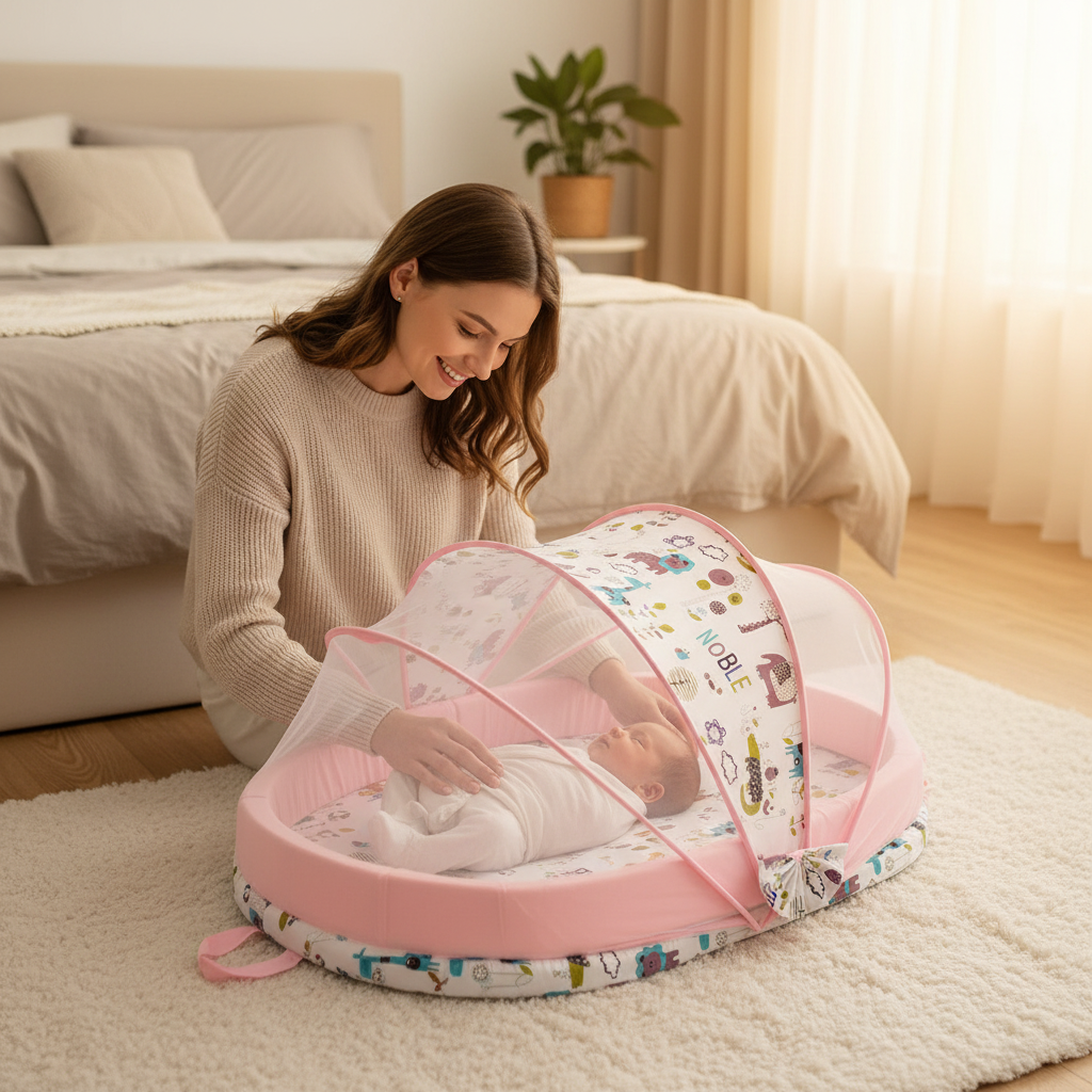 Lifestyle — maman installant bébé dans le lit portable