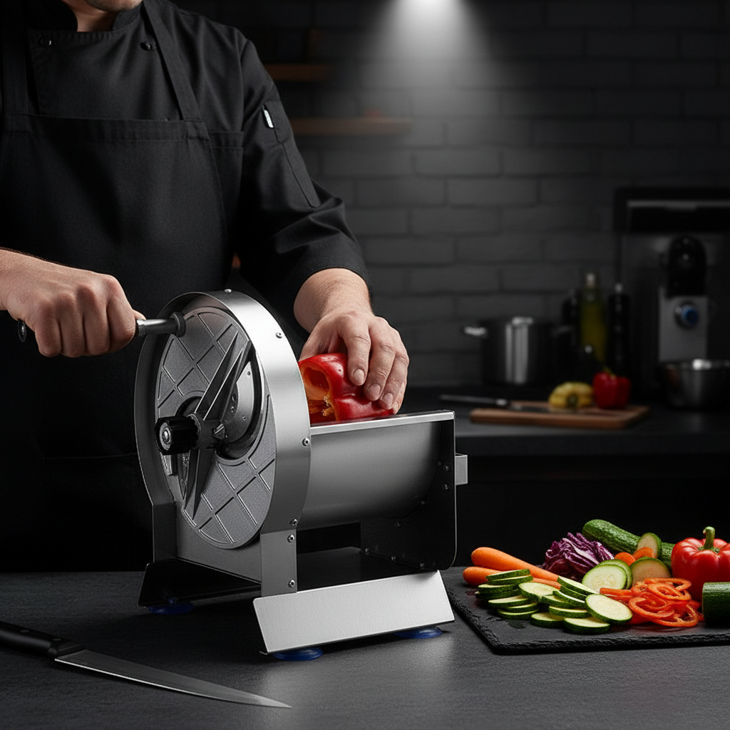 Chef professionnel utilisant la Trancheuse Inox Pro en cuisine