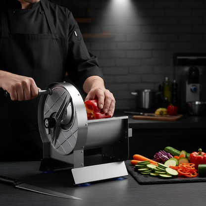 Chef professionnel utilisant la Trancheuse Inox Pro en cuisine