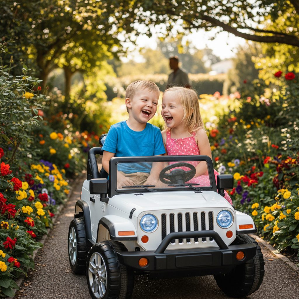 Deux enfants dans la voiture électrique blanche