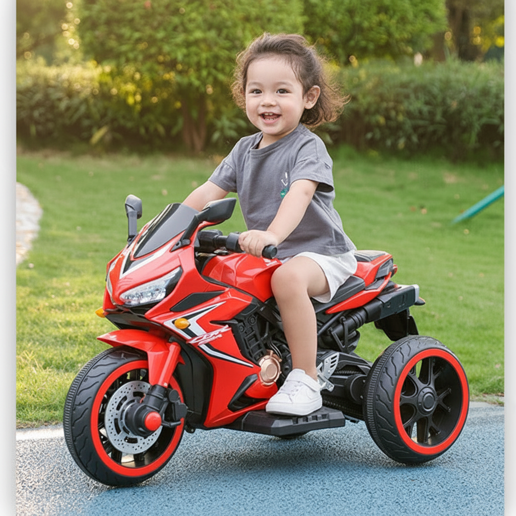 Enfant souriant sur moto électrique rouge - lifestyle