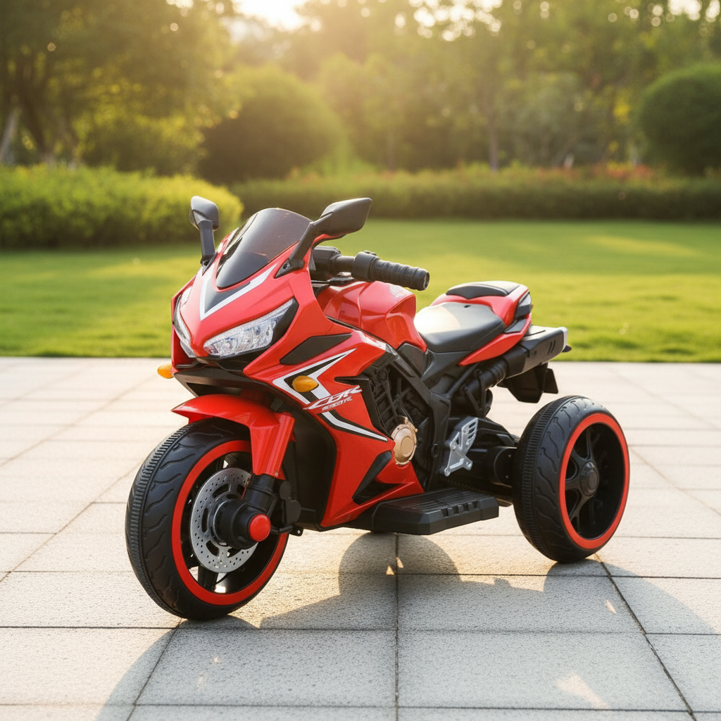 Moto électrique enfant rouge en extérieur - lifestyle