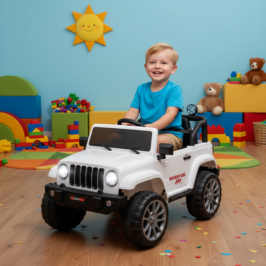 Enfant souriant au volant de la voiture électrique blanche