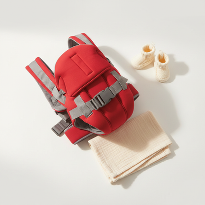 Lifestyle — flat lay premium du porte-bébé avec accessoires bébé