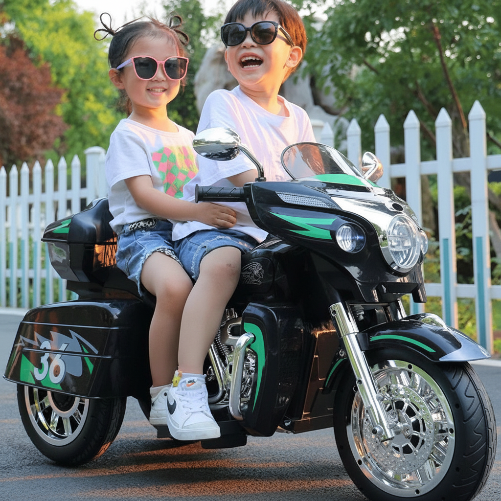 Lifestyle - Deux enfants souriants sur moto électrique