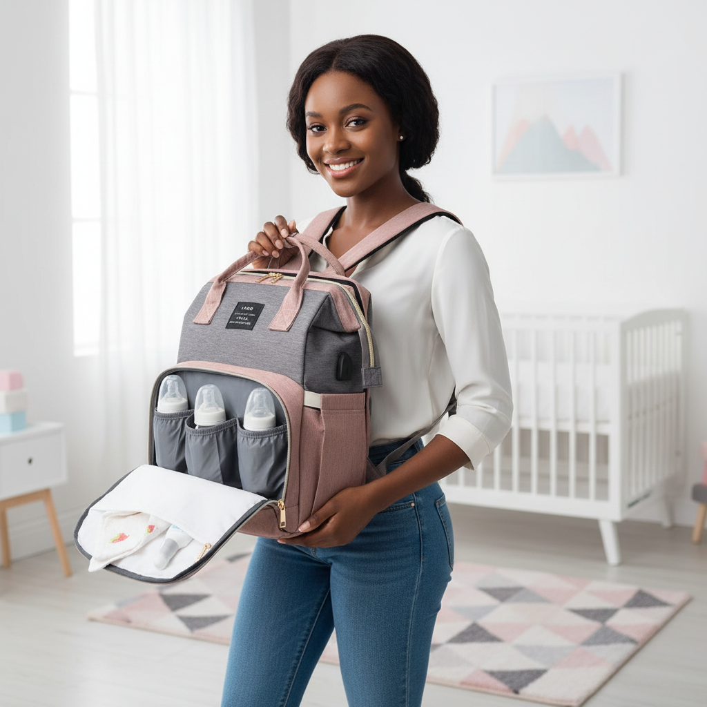 Maman utilisant le sac à langer 3-en-1 dans une chambre de bébé moderne