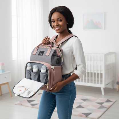 Maman utilisant le sac à langer 3-en-1 dans une chambre de bébé moderne